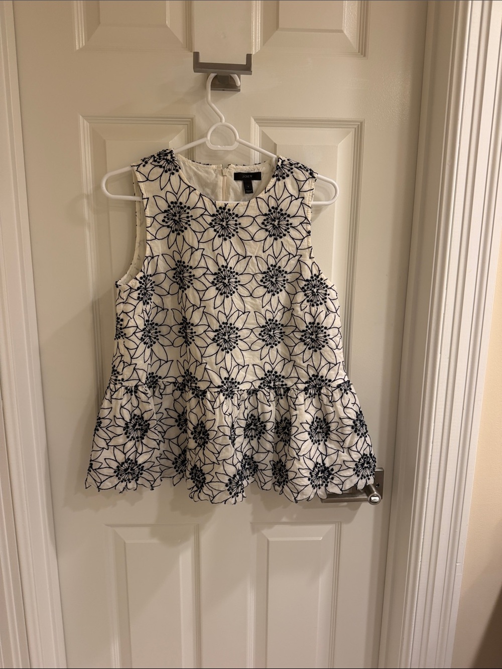 J. Crew white Sleeveless Peplum Top with black Floral Embroidery